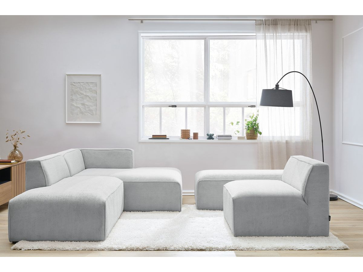 Canapé d'angle fixe modulable MEGEVE tissu velours côtelé avec 1 chauffeuse et 1 pouf