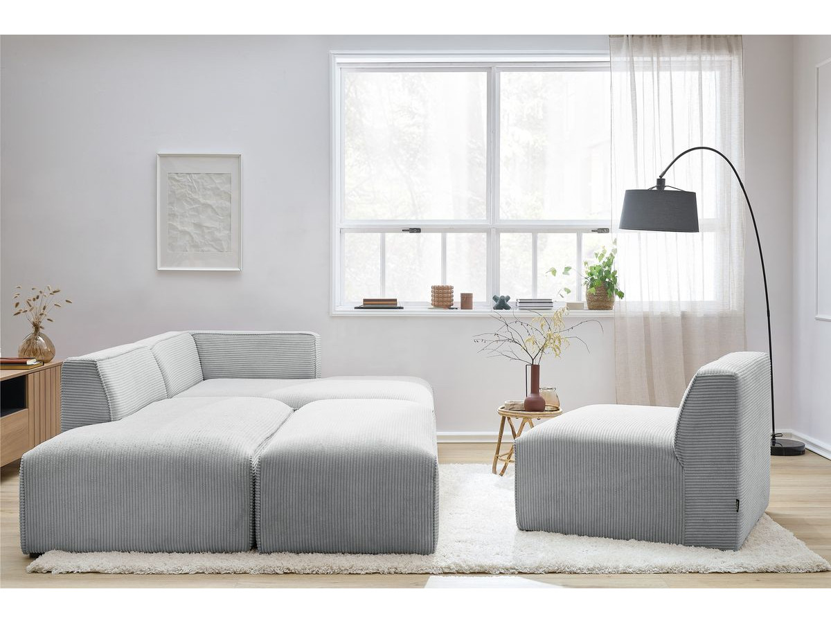 Canapé d'angle fixe modulable MEGEVE tissu velours côtelé avec 1 chauffeuse et 1 pouf