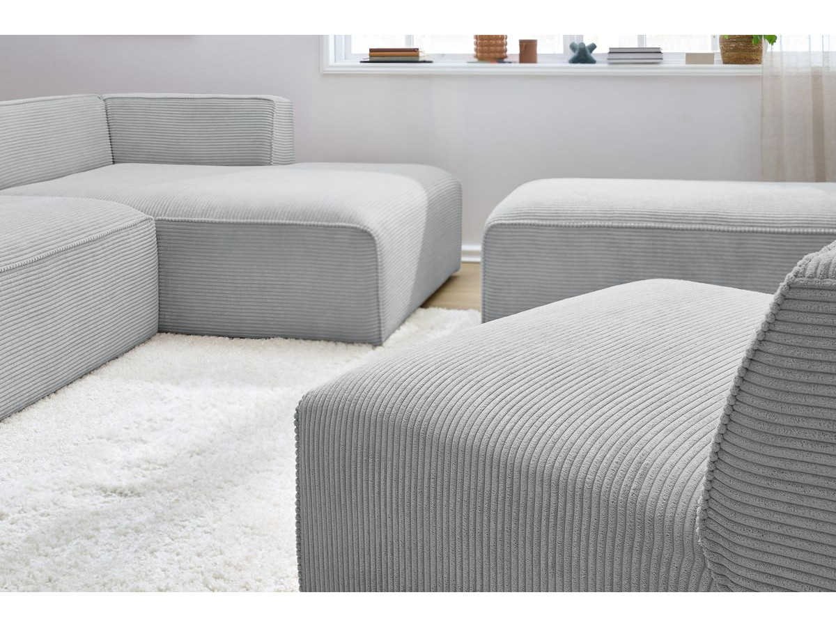 Canapé d'angle fixe modulable MEGEVE tissu velours côtelé avec 1 chauffeuse et 1 pouf