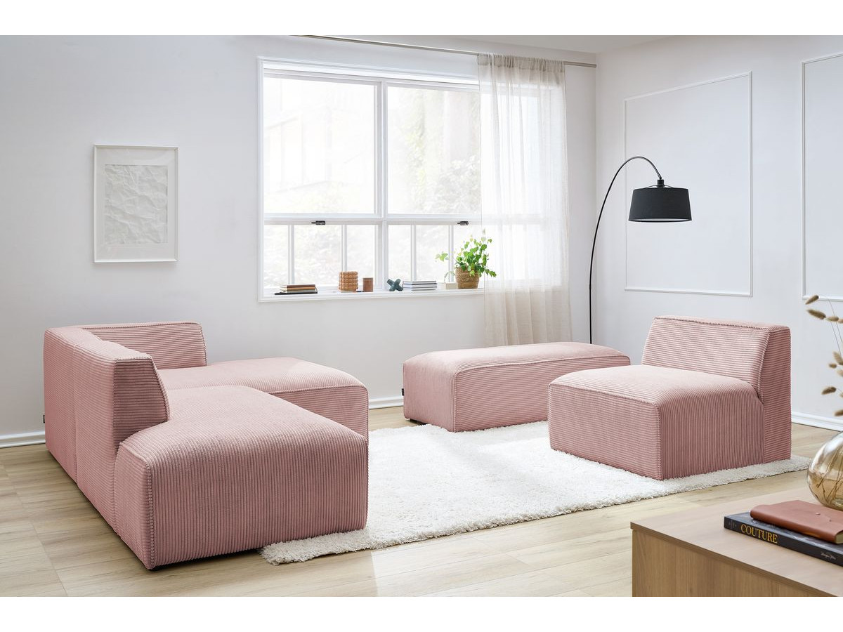 Canapé d'angle fixe modulable MEGEVE tissu velours côtelé avec 1 chauffeuse et 1 pouf rose angle droit BOBOCHIC 6 places - Vue supplémentaire 3