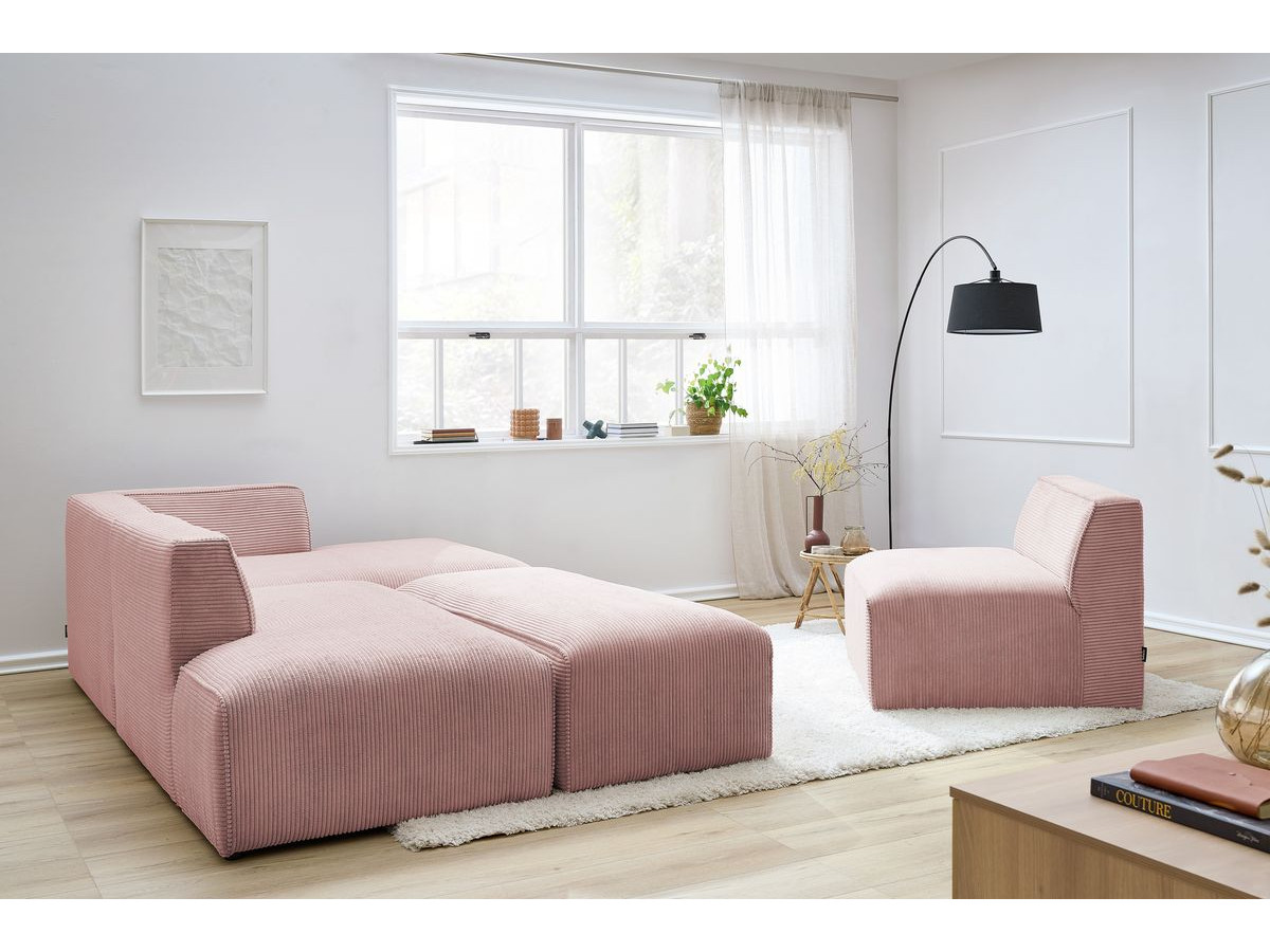 Canapé d'angle fixe modulable MEGEVE tissu velours côtelé avec 1 chauffeuse et 1 pouf