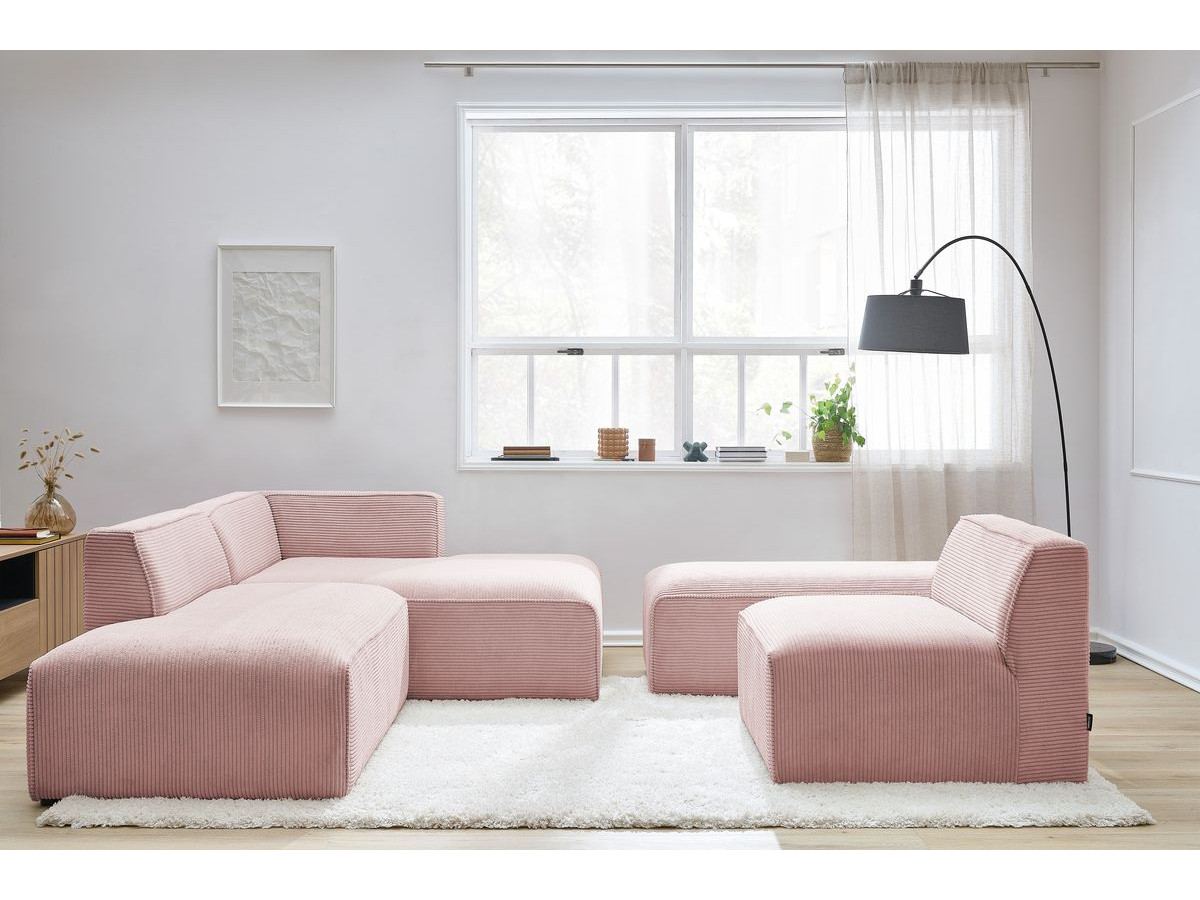 Canapé d'angle fixe modulable MEGEVE tissu velours côtelé avec 1 chauffeuse et 1 pouf