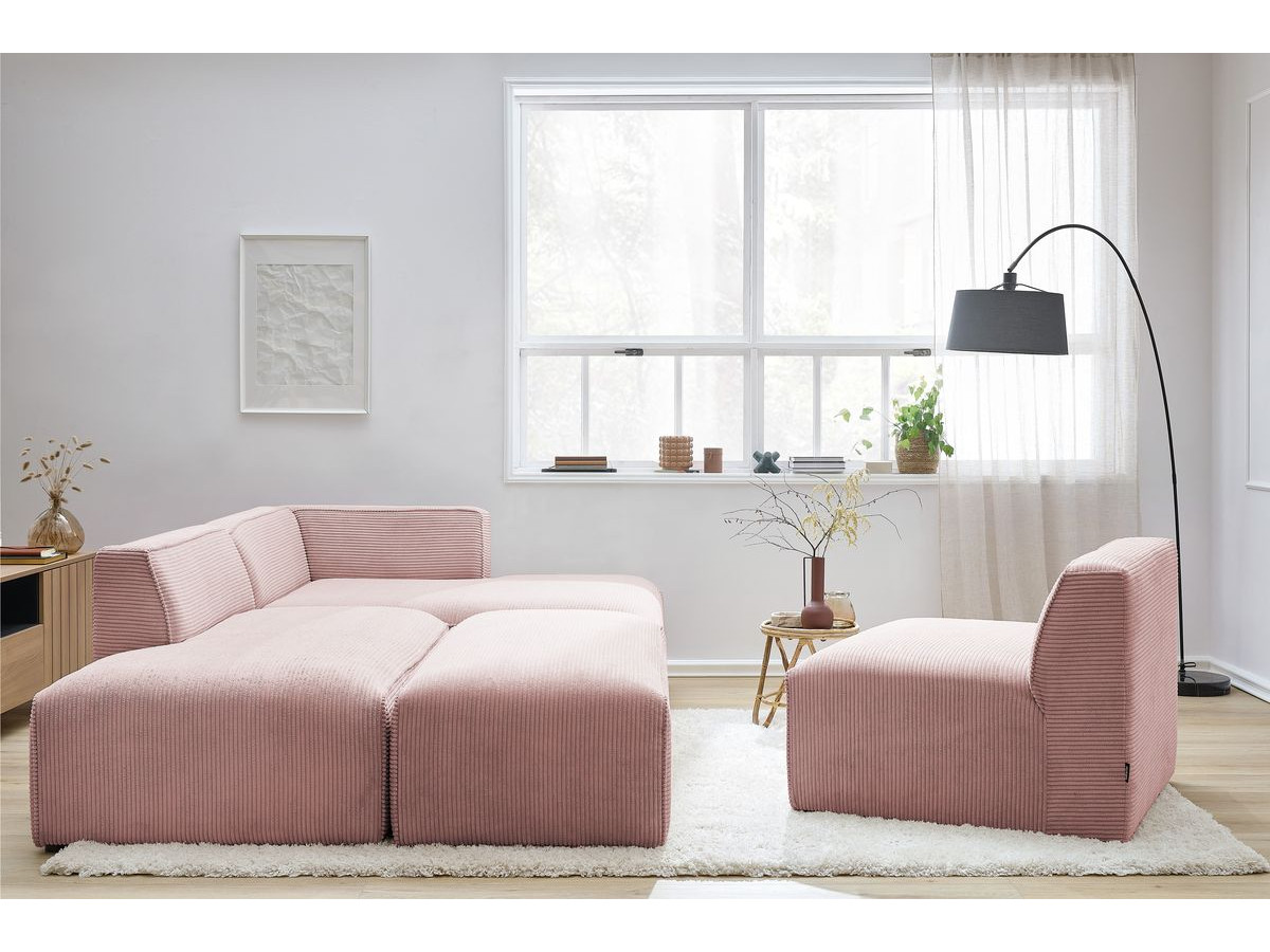 Canapé d'angle fixe modulable MEGEVE tissu velours côtelé avec 1 chauffeuse et 1 pouf