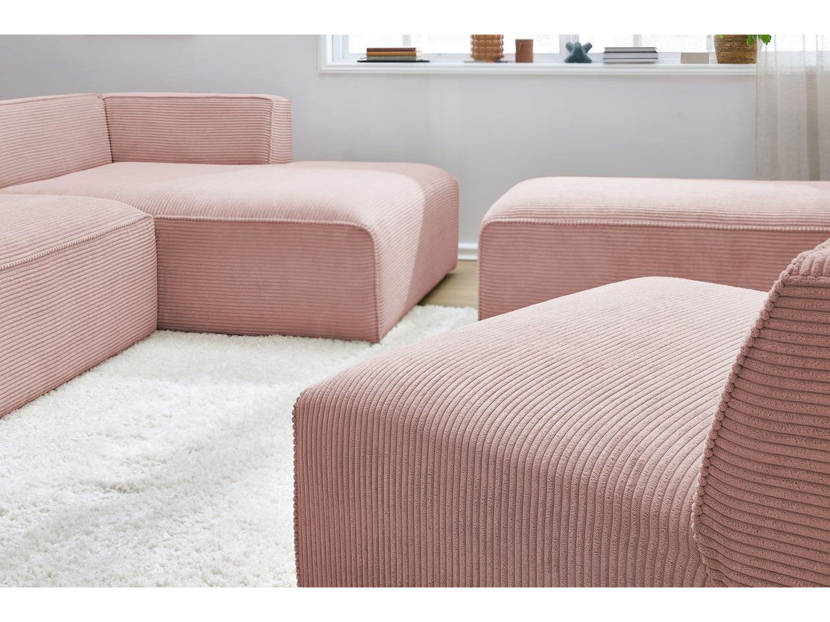 Canapé d'angle fixe modulable MEGEVE tissu velours côtelé avec 1 chauffeuse et 1 pouf