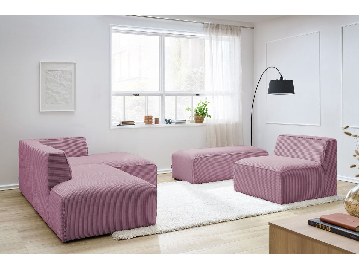 Canapé d'angle fixe modulable MEGEVE tissu velours côtelé avec 1 chauffeuse et 1 pouf