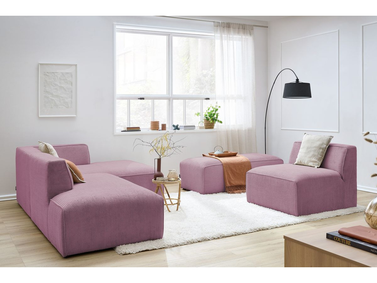 Canapé d'angle fixe modulable MEGEVE tissu velours côtelé avec 1 chauffeuse et 1 pouf
