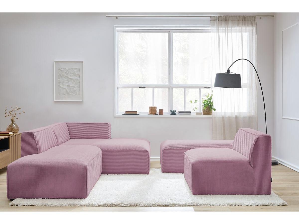 Canapé d'angle fixe modulable MEGEVE tissu velours côtelé avec 1 chauffeuse et 1 pouf