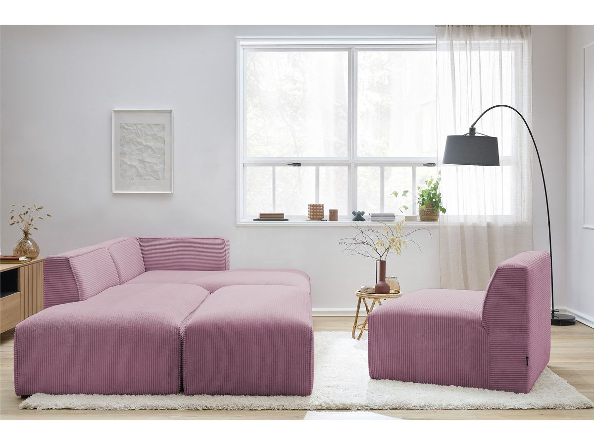 Canapé d'angle fixe modulable MEGEVE tissu velours côtelé avec 1 chauffeuse et 1 pouf