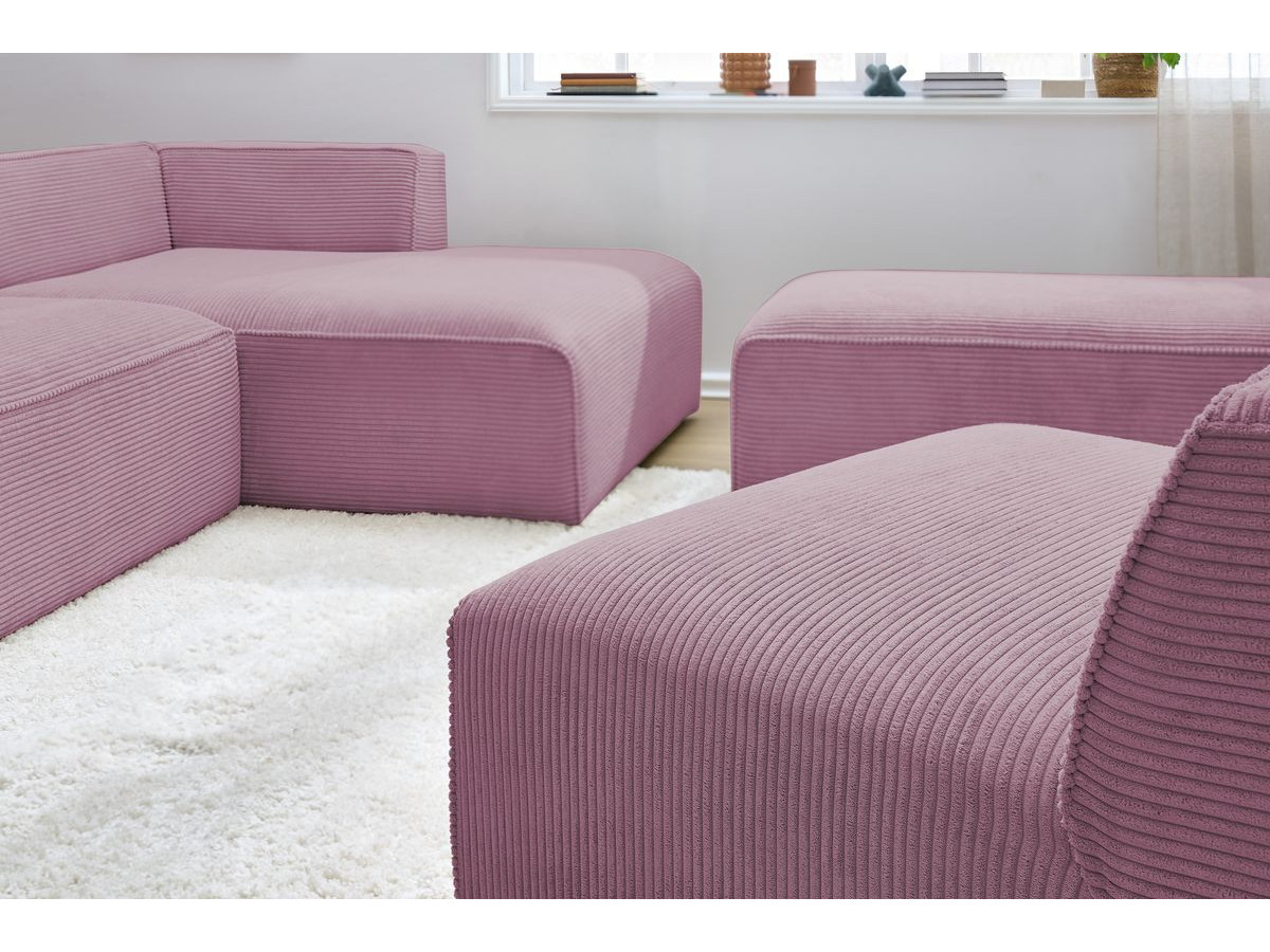 Canapé d'angle fixe modulable MEGEVE tissu velours côtelé avec 1 chauffeuse et 1 pouf