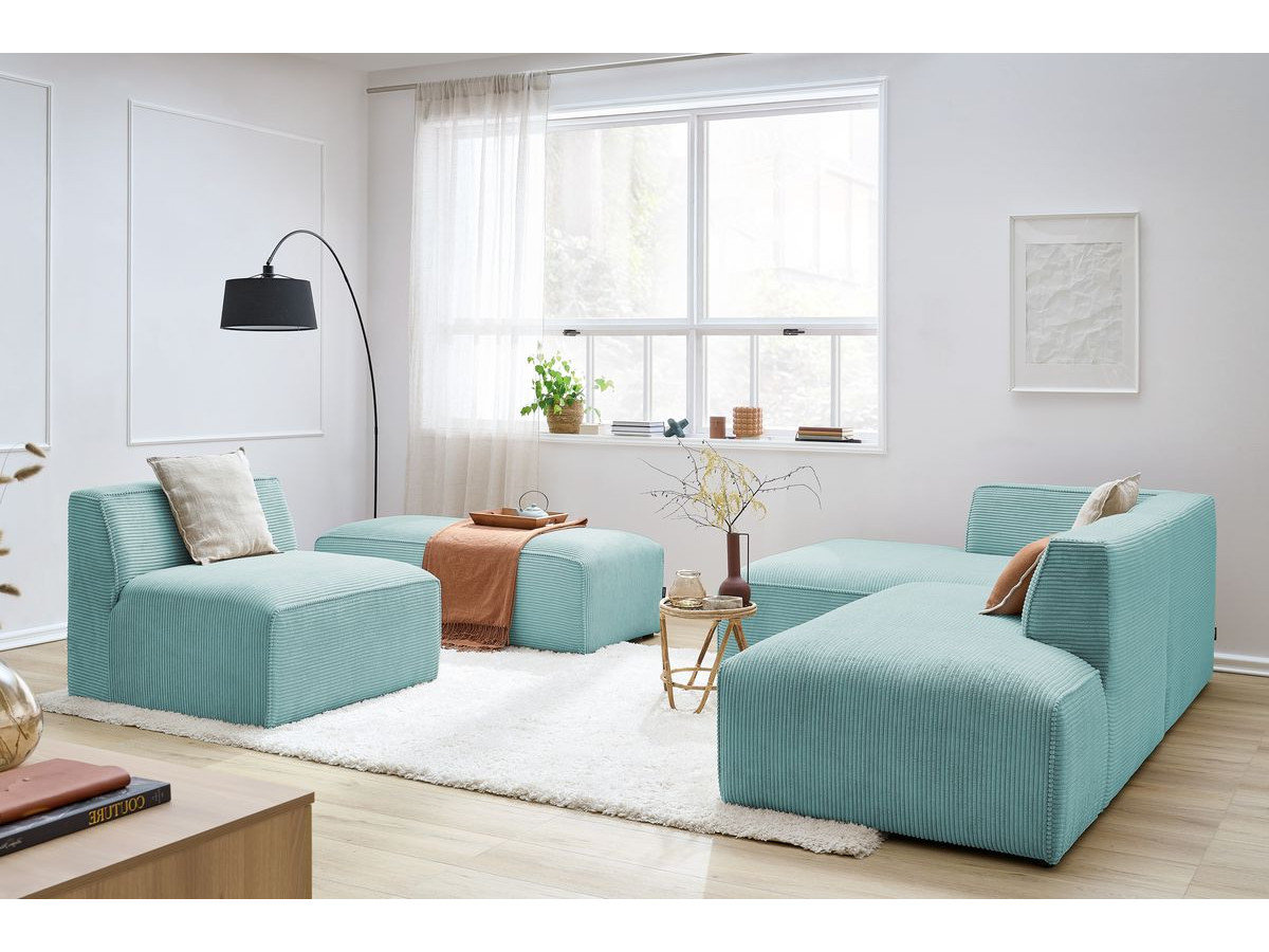 Canapé d'angle fixe modulable MEGEVE tissu velours côtelé avec 1 chauffeuse et 1 pouf