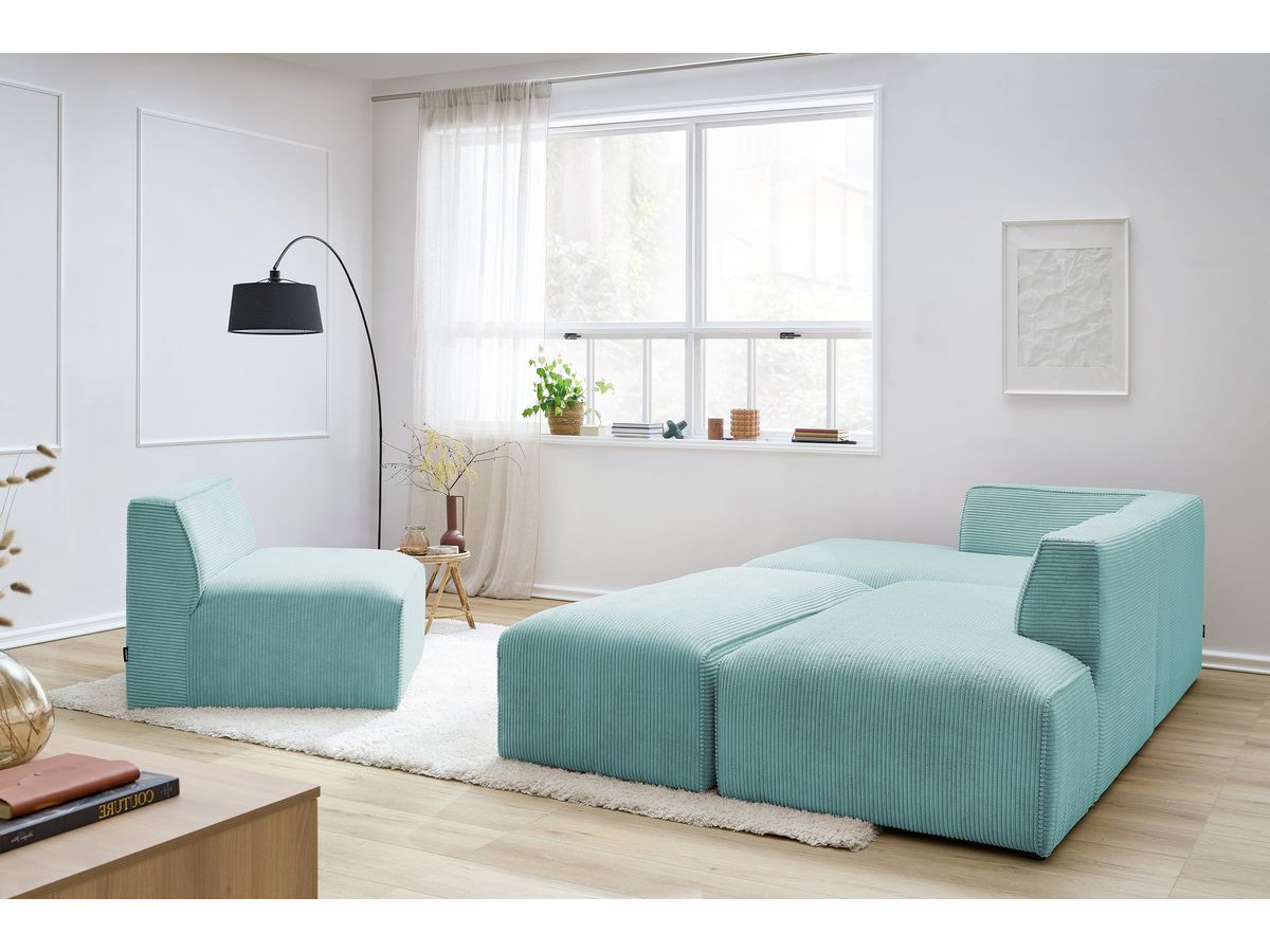 Canapé d'angle fixe modulable MEGEVE tissu velours côtelé avec 1 chauffeuse et 1 pouf