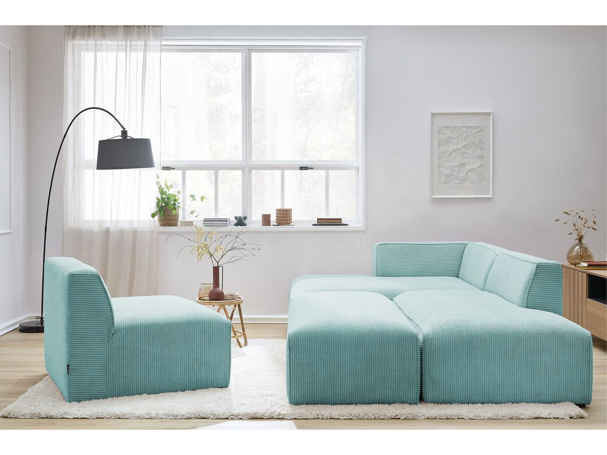 Canapé d'angle fixe modulable MEGEVE tissu velours côtelé avec 1 chauffeuse et 1 pouf