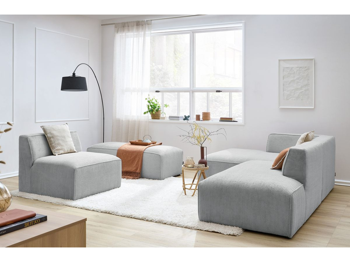 Canapé d'angle fixe modulable MEGEVE tissu velours côtelé avec 1 chauffeuse et 1 pouf