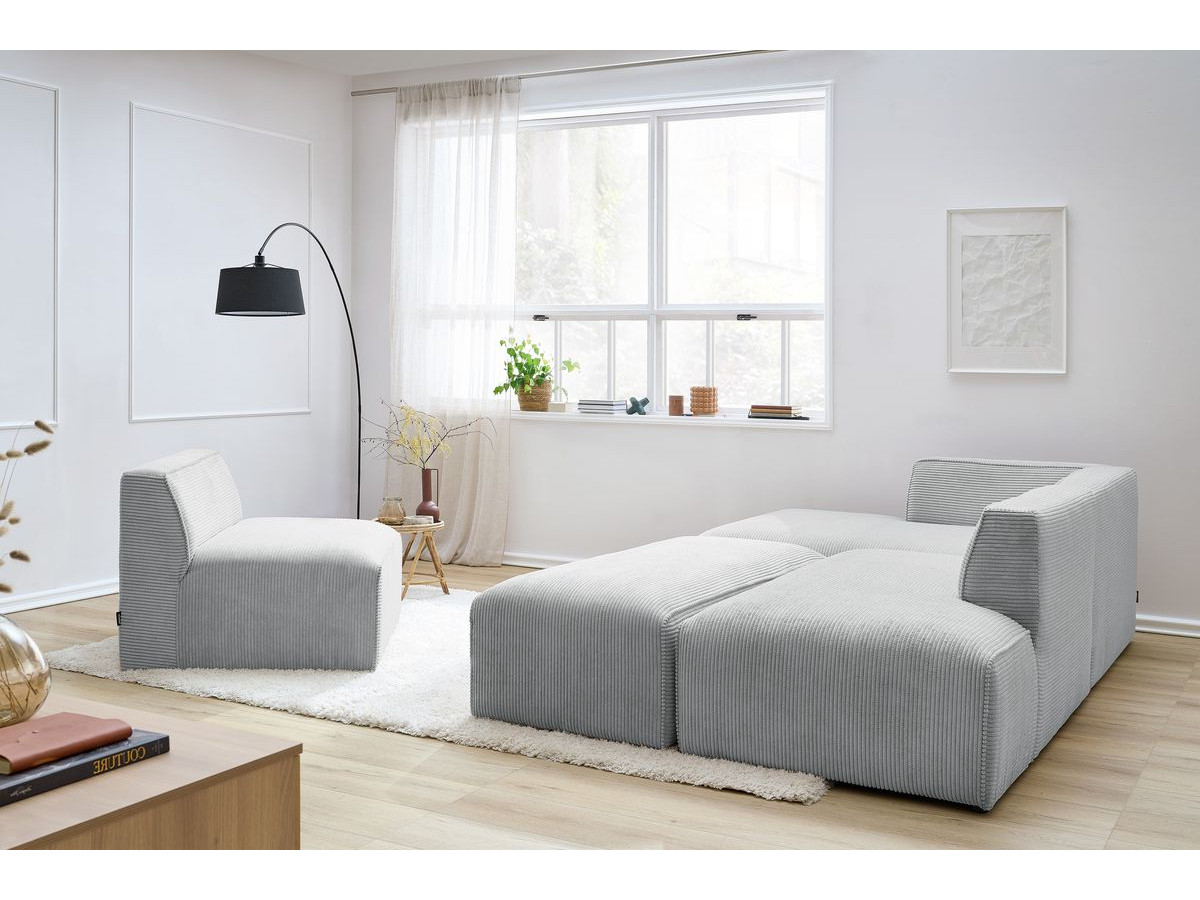 Canapé d'angle fixe modulable MEGEVE tissu velours côtelé avec 1 chauffeuse et 1 pouf
