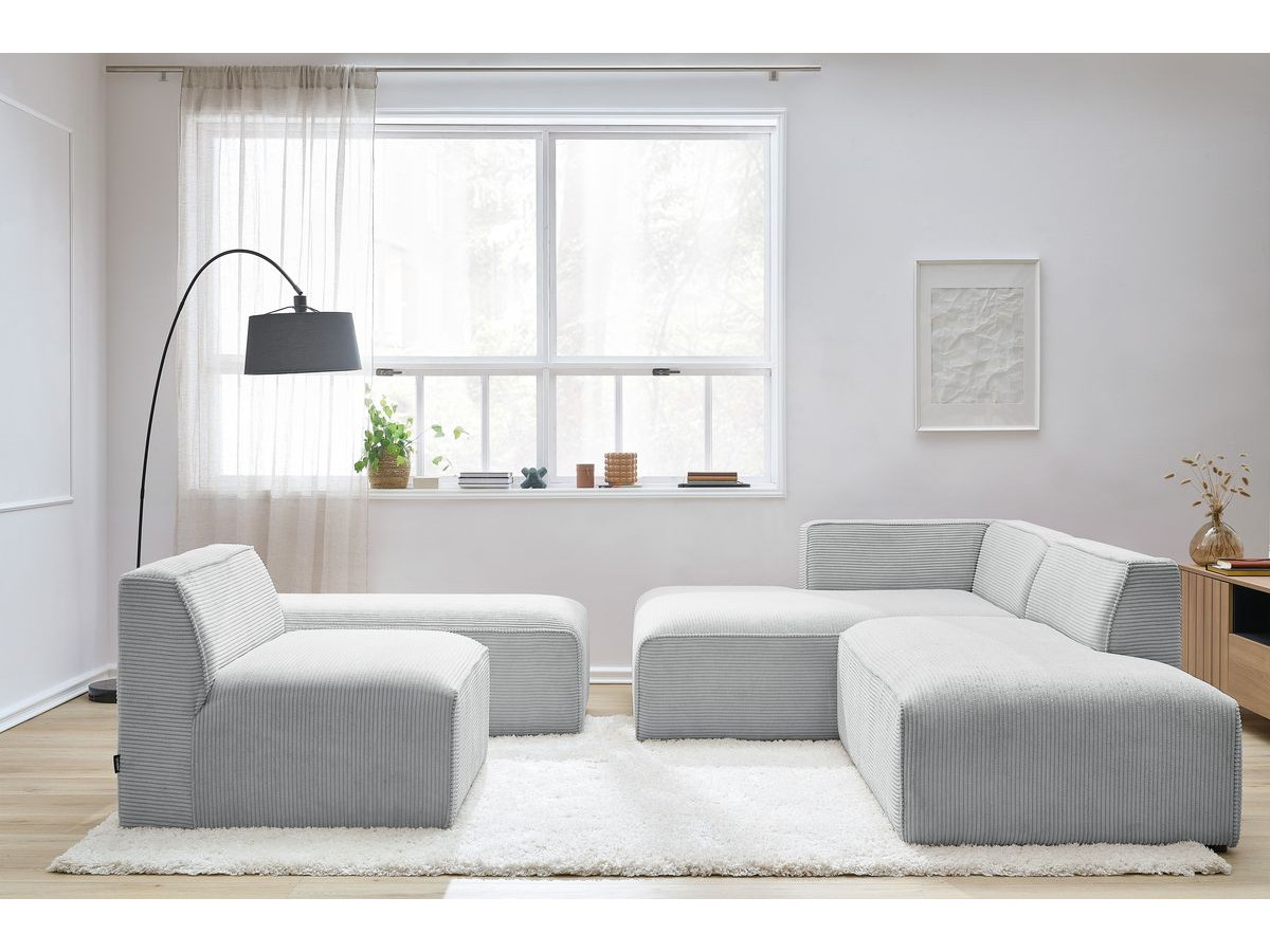 Canapé d'angle fixe modulable MEGEVE tissu velours côtelé avec 1 chauffeuse et 1 pouf