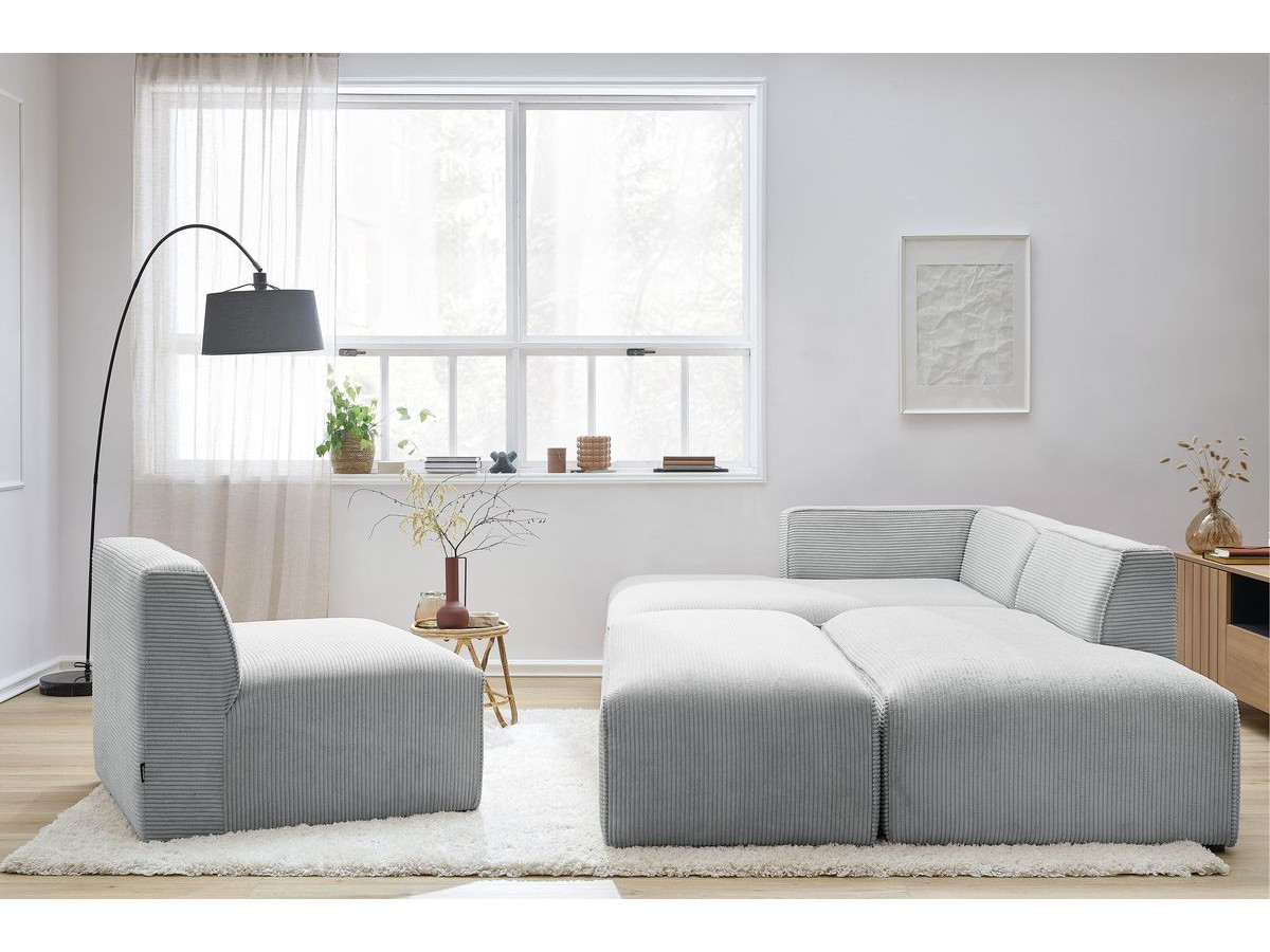 Canapé d'angle fixe modulable MEGEVE tissu velours côtelé avec 1 chauffeuse et 1 pouf