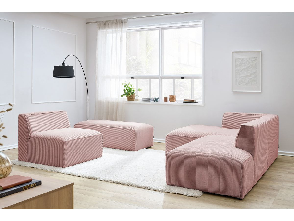 Canapé d'angle fixe modulable MEGEVE tissu velours côtelé avec 1 chauffeuse et 1 pouf rose angle gauche BOBOCHIC 6 places - Vue supplémentaire 3