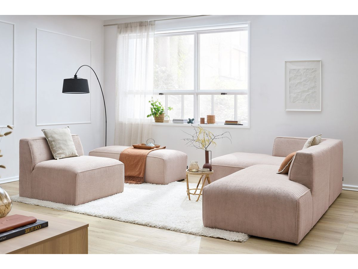 Canapé d'angle fixe modulable MEGEVE tissu velours côtelé avec 1 chauffeuse et 1 pouf