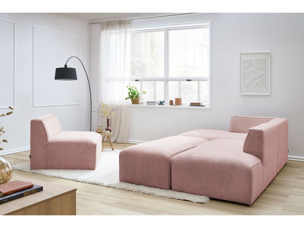 Canapé d'angle fixe modulable MEGEVE tissu velours côtelé avec 1 chauffeuse et 1 pouf