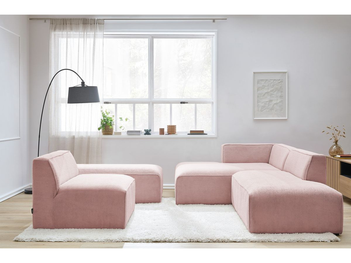 Canapé d'angle fixe modulable MEGEVE tissu velours côtelé avec 1 chauffeuse et 1 pouf