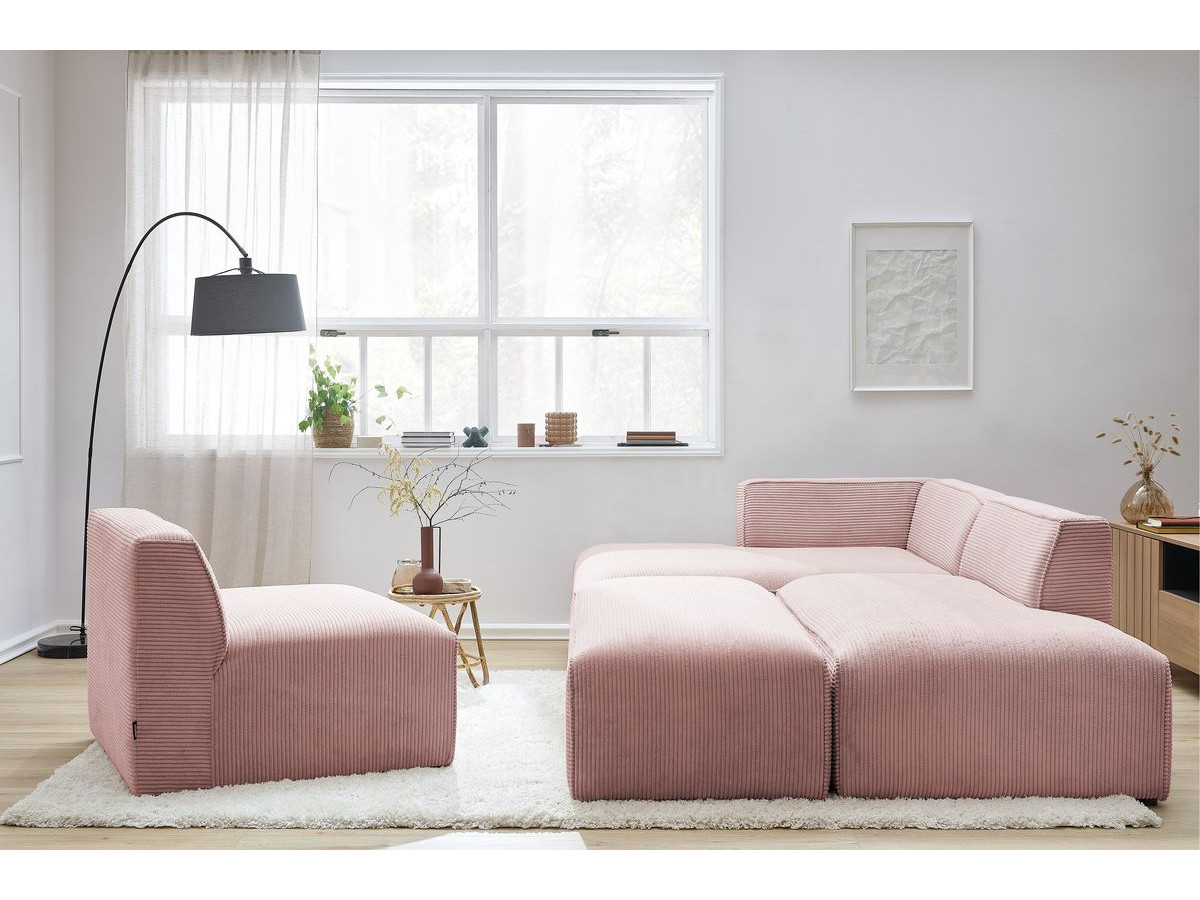 Canapé d'angle fixe modulable MEGEVE tissu velours côtelé avec 1 chauffeuse et 1 pouf