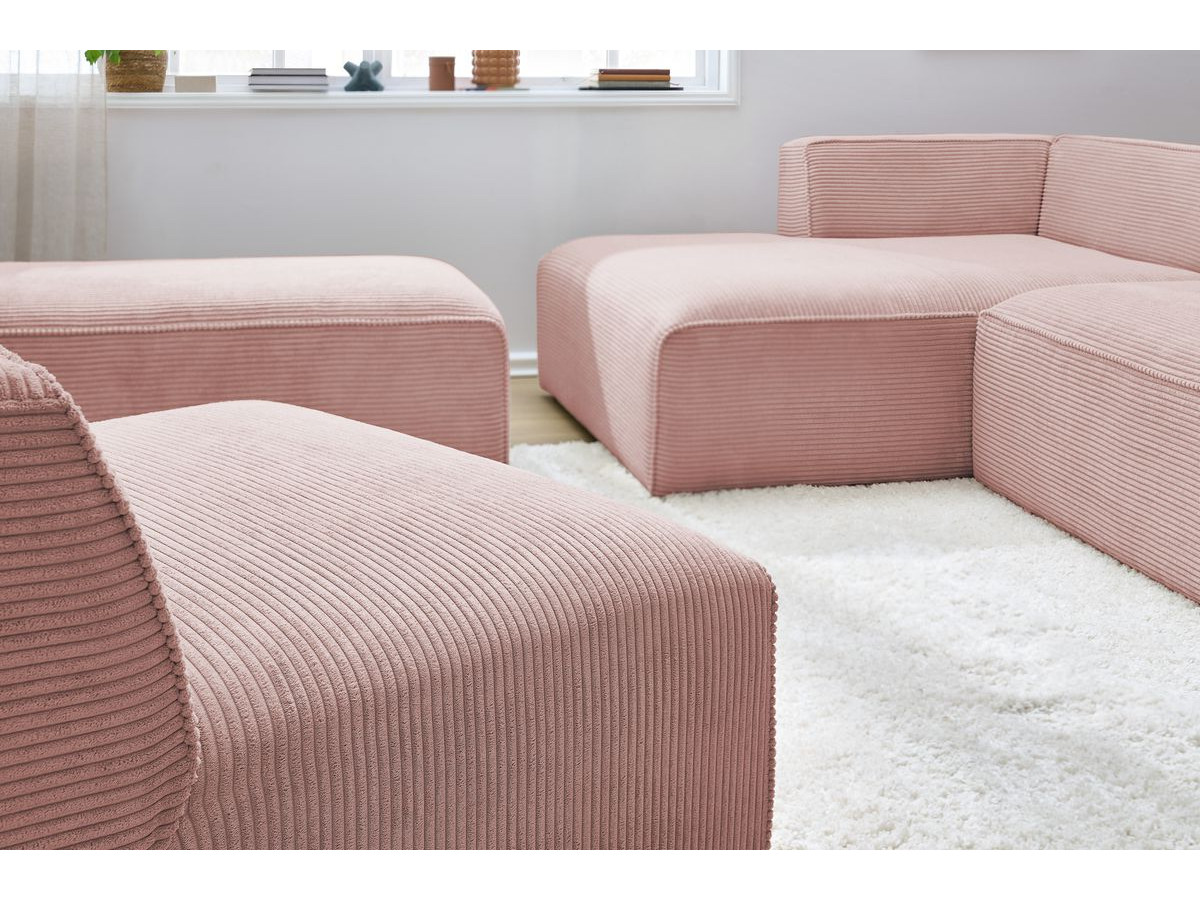 Canapé d'angle fixe modulable MEGEVE tissu velours côtelé avec 1 chauffeuse et 1 pouf