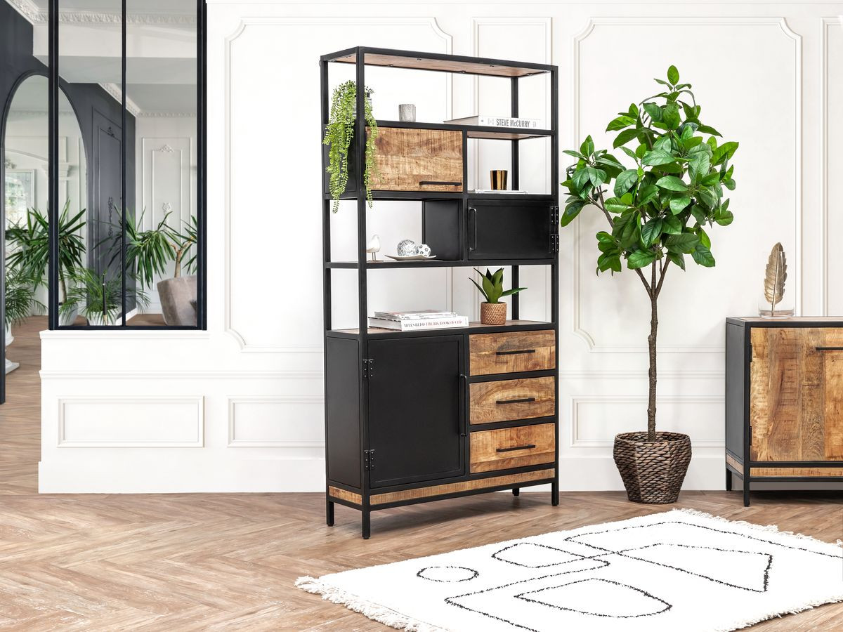 Boekenkast BEAUBOURG, 190 cm hoog, massief mangohout