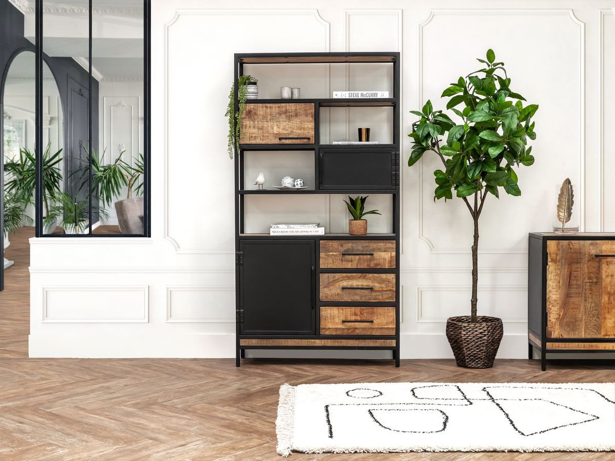 Boekenkast BEAUBOURG, 190 cm hoog, massief mangohout