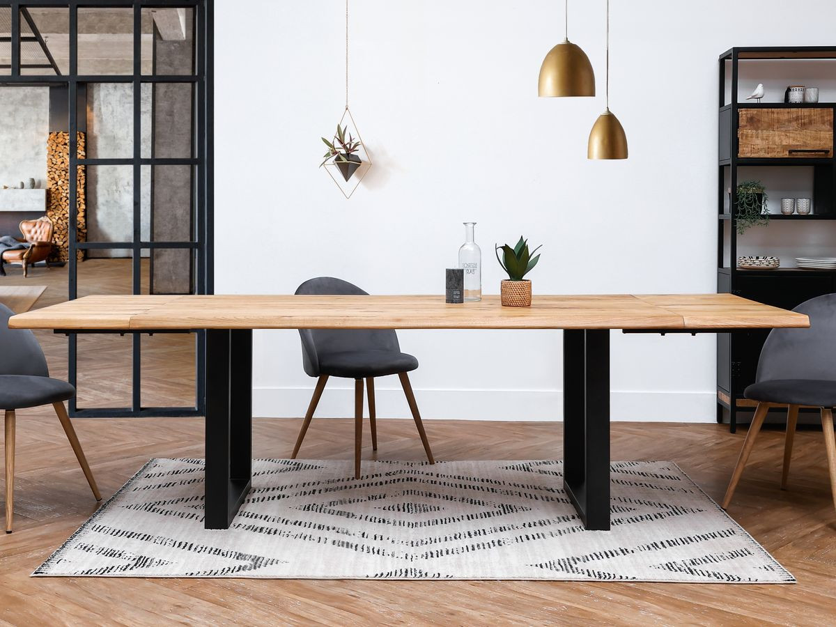 AWANI uitschuifbare eettafel met vierkante poten in massief eikenhout en metaal