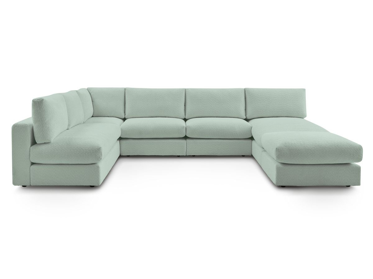 Canapé d'angle fixe 100% modulable PARIS tissu effet bouclé 3 chauffeuses, 1 méridienne, 1 angle, 1 pouf