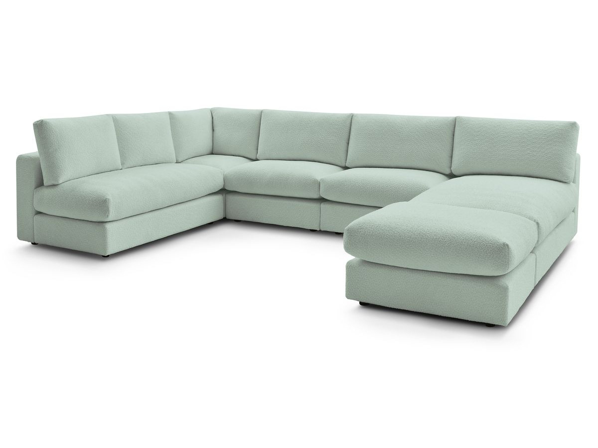 Canapé d'angle fixe 100% modulable PARIS tissu bouclette 3 chauffeuses, 1 méridienne, 1 angle, 1 pouf