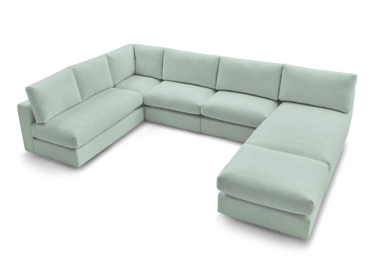 Canapé d'angle fixe 100% modulable PARIS tissu bouclette 3 chauffeuses, 1 méridienne, 1 angle, 1 pouf