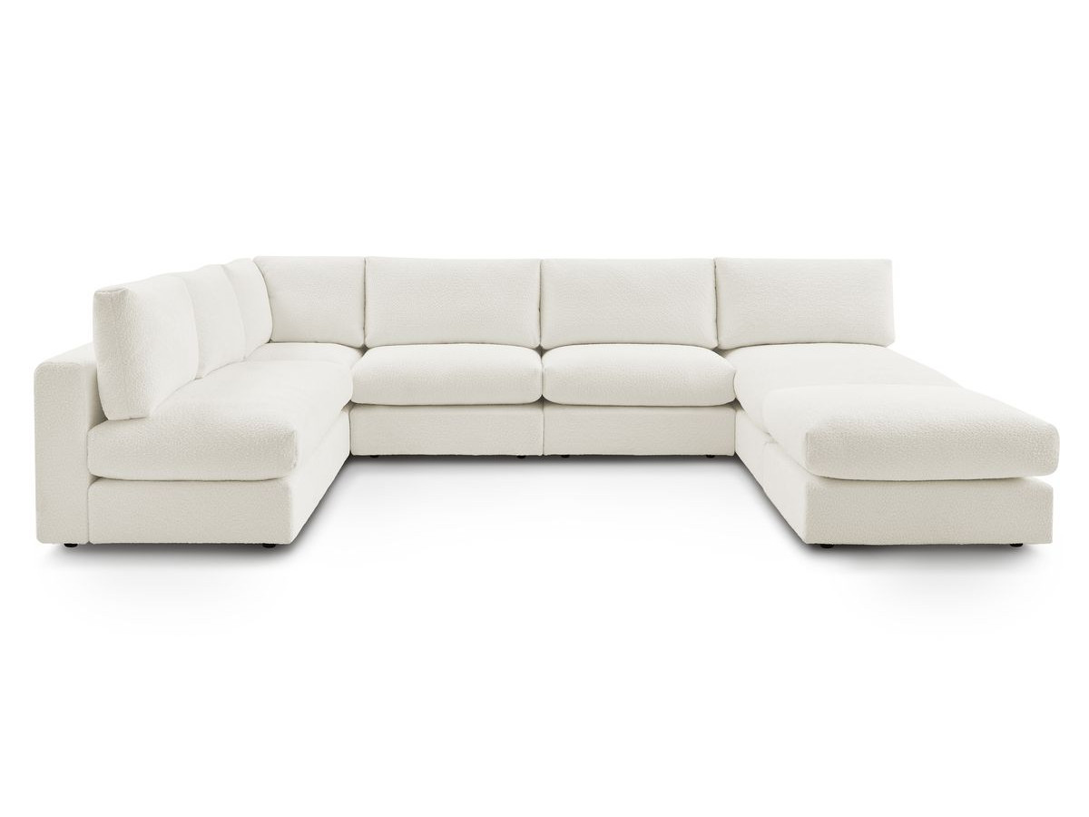 Canapé d'angle fixe 100% modulable PARIS tissu bouclette 3 chauffeuses, 1 méridienne, 1 angle, 1 pouf