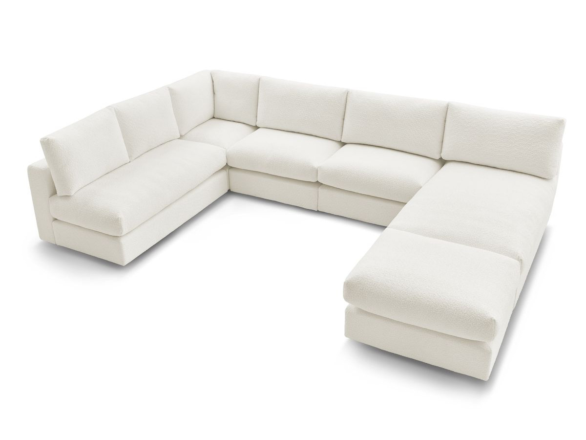 Canapé d'angle fixe 100% modulable PARIS tissu bouclette 3 chauffeuses, 1 méridienne, 1 angle, 1 pouf