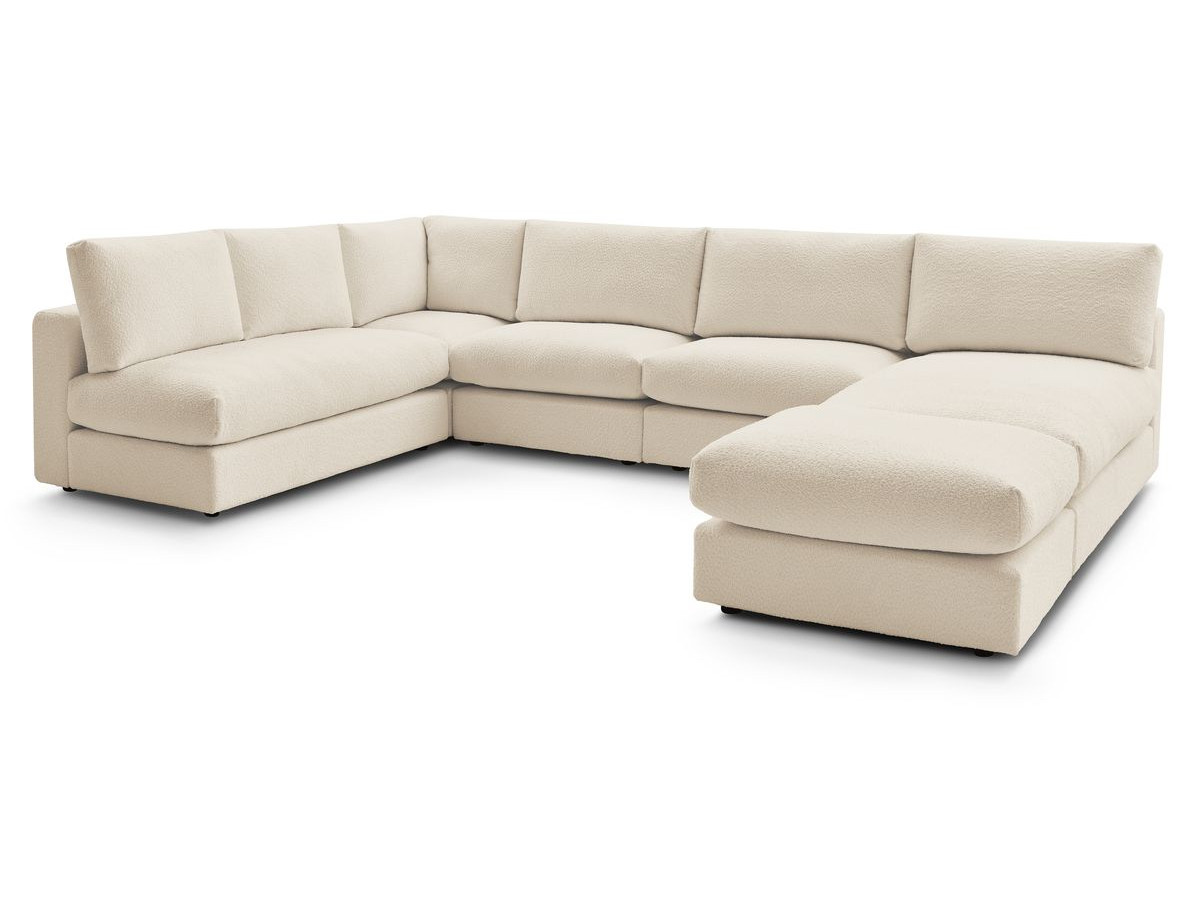 Canapé d'angle fixe 100% modulable PARIS tissu bouclette 3 chauffeuses, 1 méridienne, 1 angle, 1 pouf