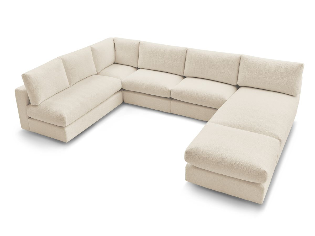 Canapé d'angle fixe 100% modulable PARIS tissu bouclette 3 chauffeuses, 1 méridienne, 1 angle, 1 pouf