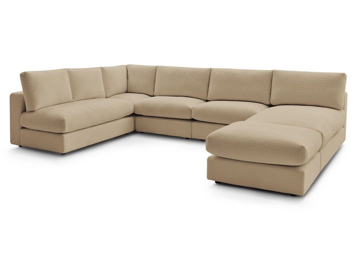 Canapé d'angle fixe 100% modulable PARIS tissu bouclette 3 chauffeuses, 1 méridienne, 1 angle, 1 pouf