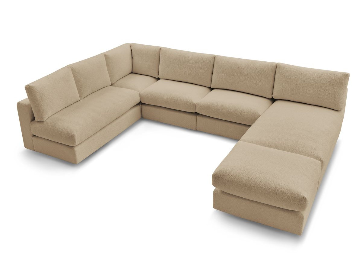 Canapé d'angle fixe 100% modulable PARIS tissu bouclette 3 chauffeuses, 1 méridienne, 1 angle, 1 pouf