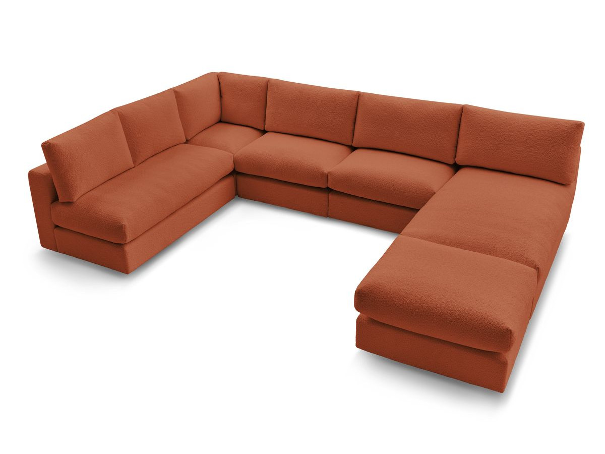 Canapé d'angle fixe 100% modulable PARIS tissu bouclette 3 chauffeuses, 1 méridienne, 1 angle, 1 pouf