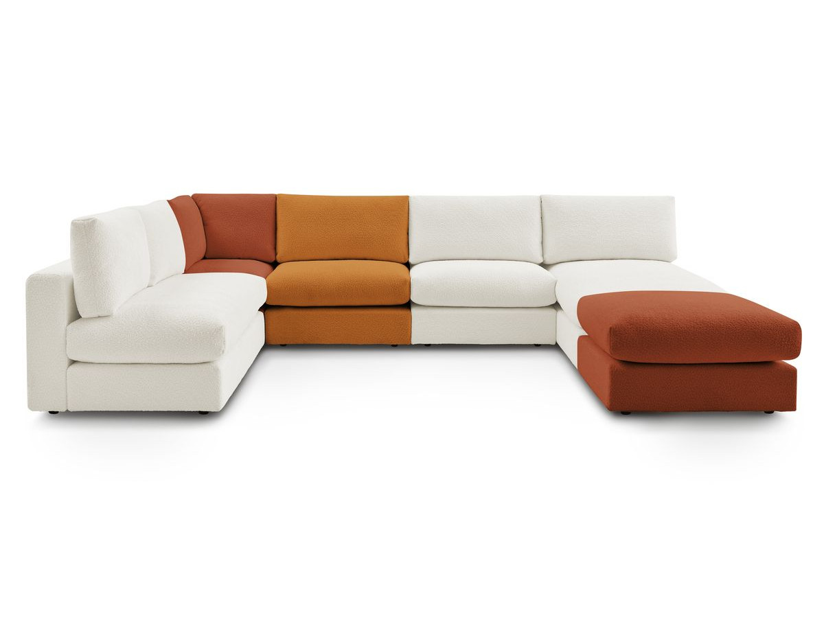 Canapé d'angle fixe 100% modulable PARIS tissu effet bouclé 3 chauffeuses, 1 méridienne, 1 angle, 1 pouf