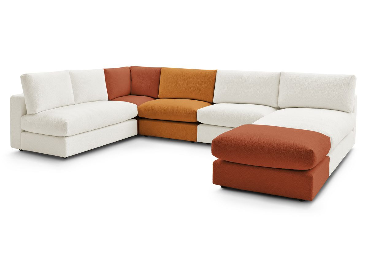 Canapé d'angle fixe 100% modulable PARIS tissu bouclette 3 chauffeuses, 1 méridienne, 1 angle, 1 pouf