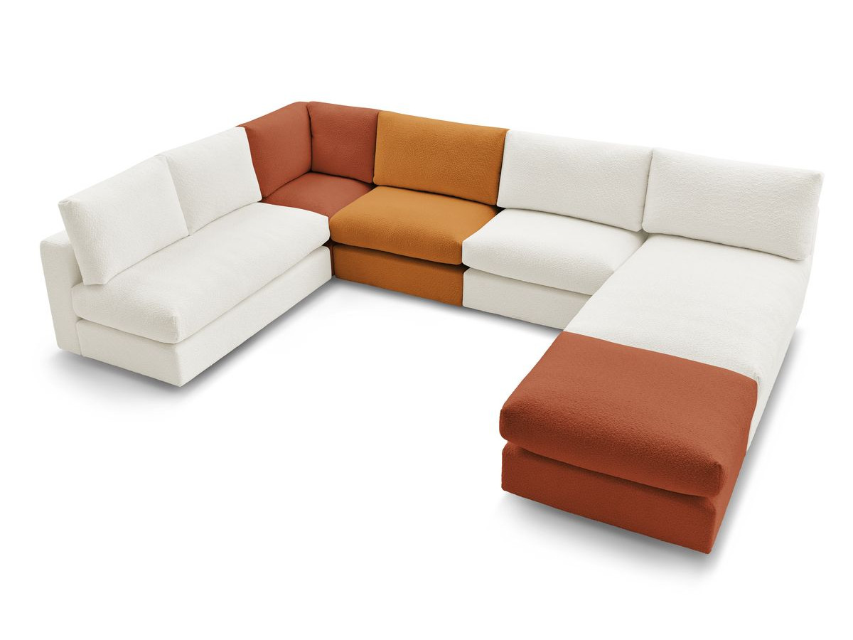 Canapé d'angle fixe 100% modulable PARIS tissu bouclette 3 chauffeuses, 1 méridienne, 1 angle, 1 pouf