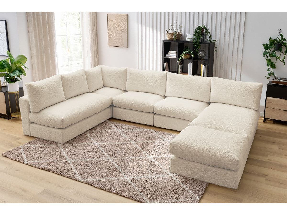 Canapé d'angle fixe 100% modulable PARIS tissu bouclette 3 chauffeuses, 1 méridienne, 1 angle, 1 pouf