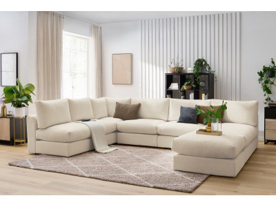 Canapé d'angle fixe 100% modulable PARIS tissu bouclette 3 chauffeuses, 1 méridienne, 1 angle, 1 pouf