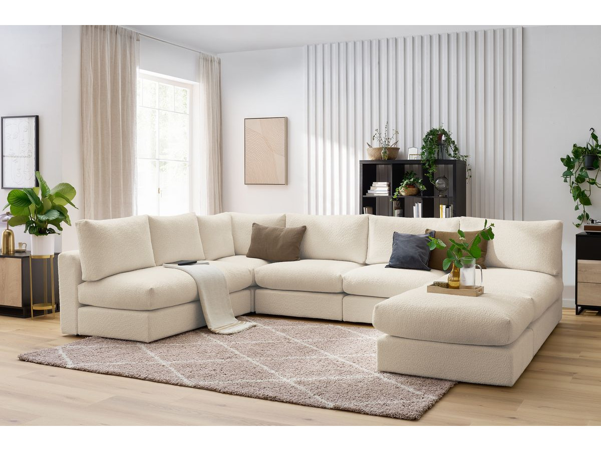 Canapé d'angle fixe 100% modulable PARIS tissu bouclette 3 chauffeuses, 1 méridienne, 1 angle, 1 pouf
