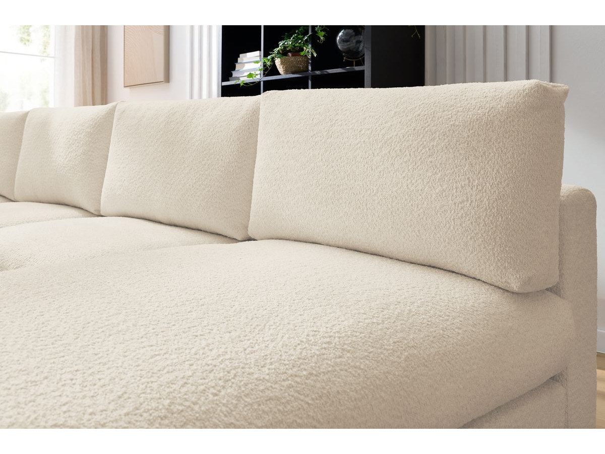 Canapé d'angle fixe 100% modulable PARIS tissu bouclette 3 chauffeuses, 1 méridienne, 1 angle, 1 pouf