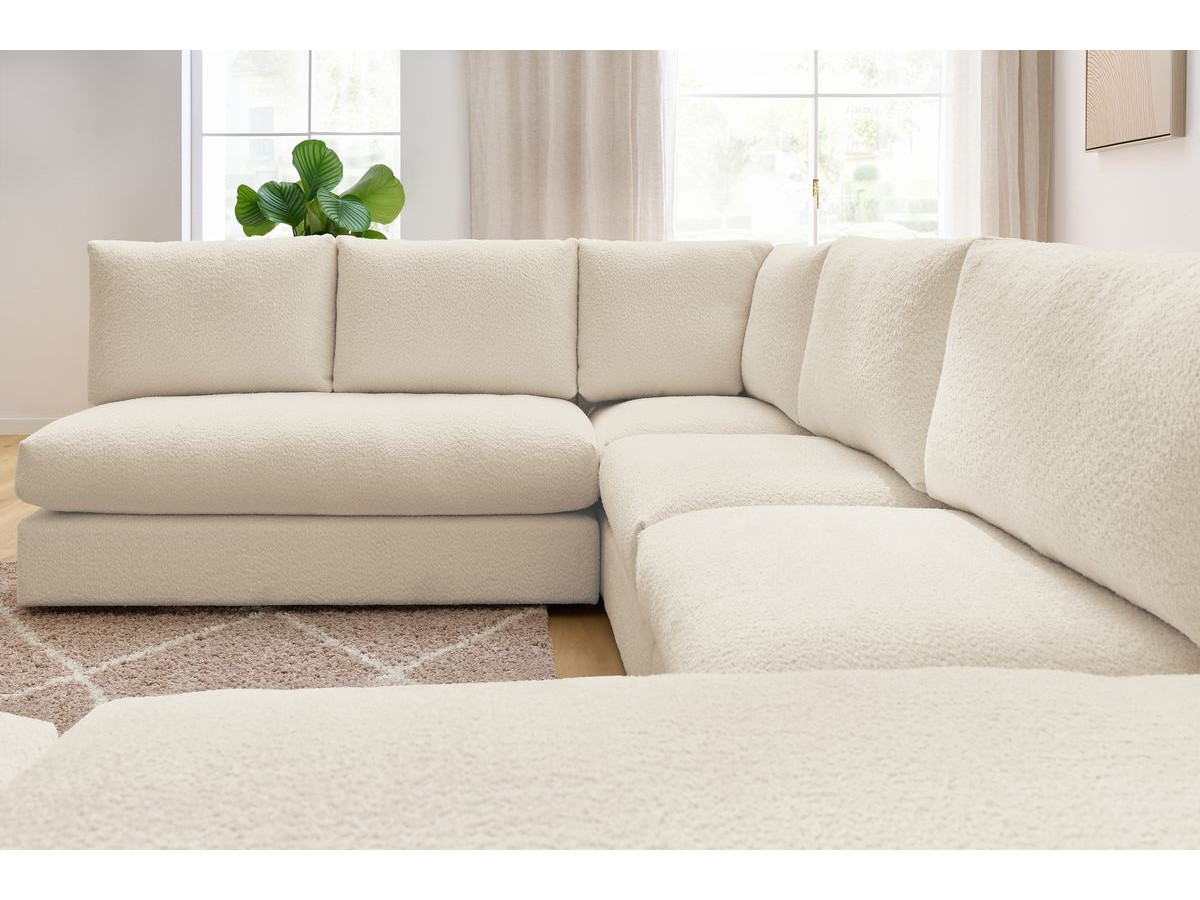 Canapé d'angle fixe 100% modulable PARIS tissu bouclette 3 chauffeuses, 1 méridienne, 1 angle, 1 pouf