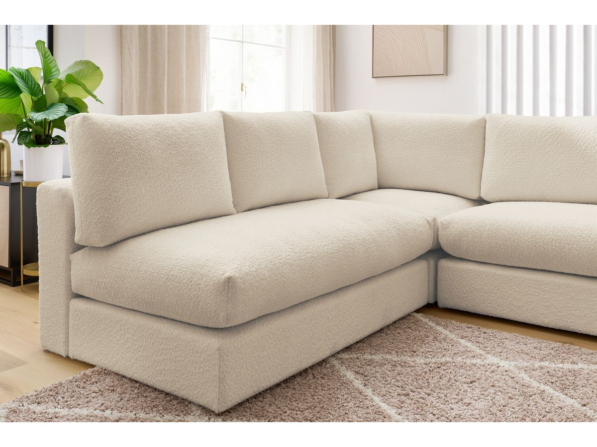 Canapé d'angle fixe 100% modulable PARIS tissu bouclette 3 chauffeuses, 1 méridienne, 1 angle, 1 pouf