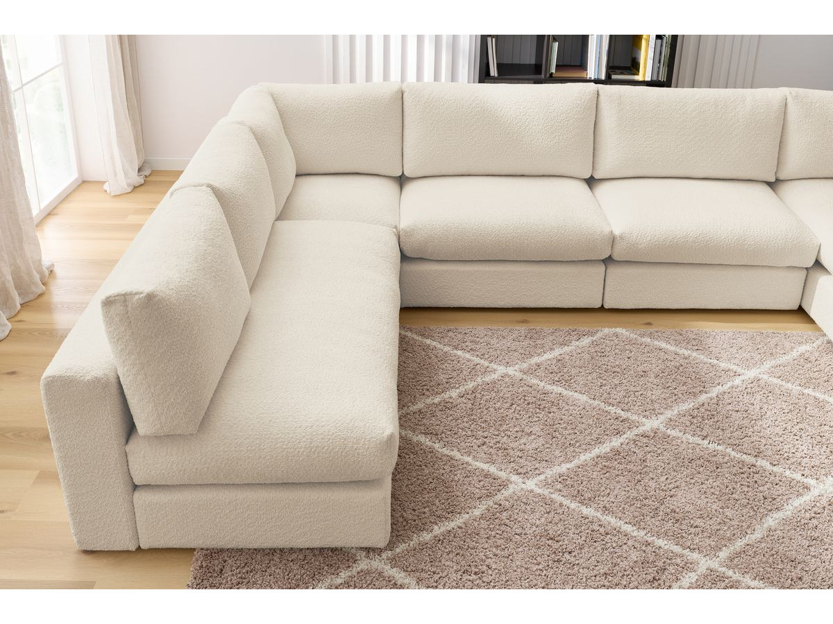 Canapé d'angle fixe 100% modulable PARIS tissu bouclette 3 chauffeuses, 1 méridienne, 1 angle, 1 pouf