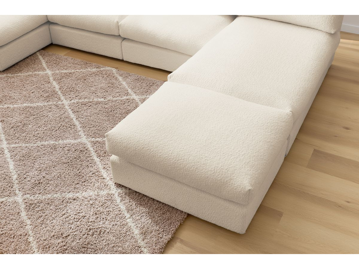 Canapé d'angle fixe 100% modulable PARIS tissu bouclette 3 chauffeuses, 1 méridienne, 1 angle, 1 pouf